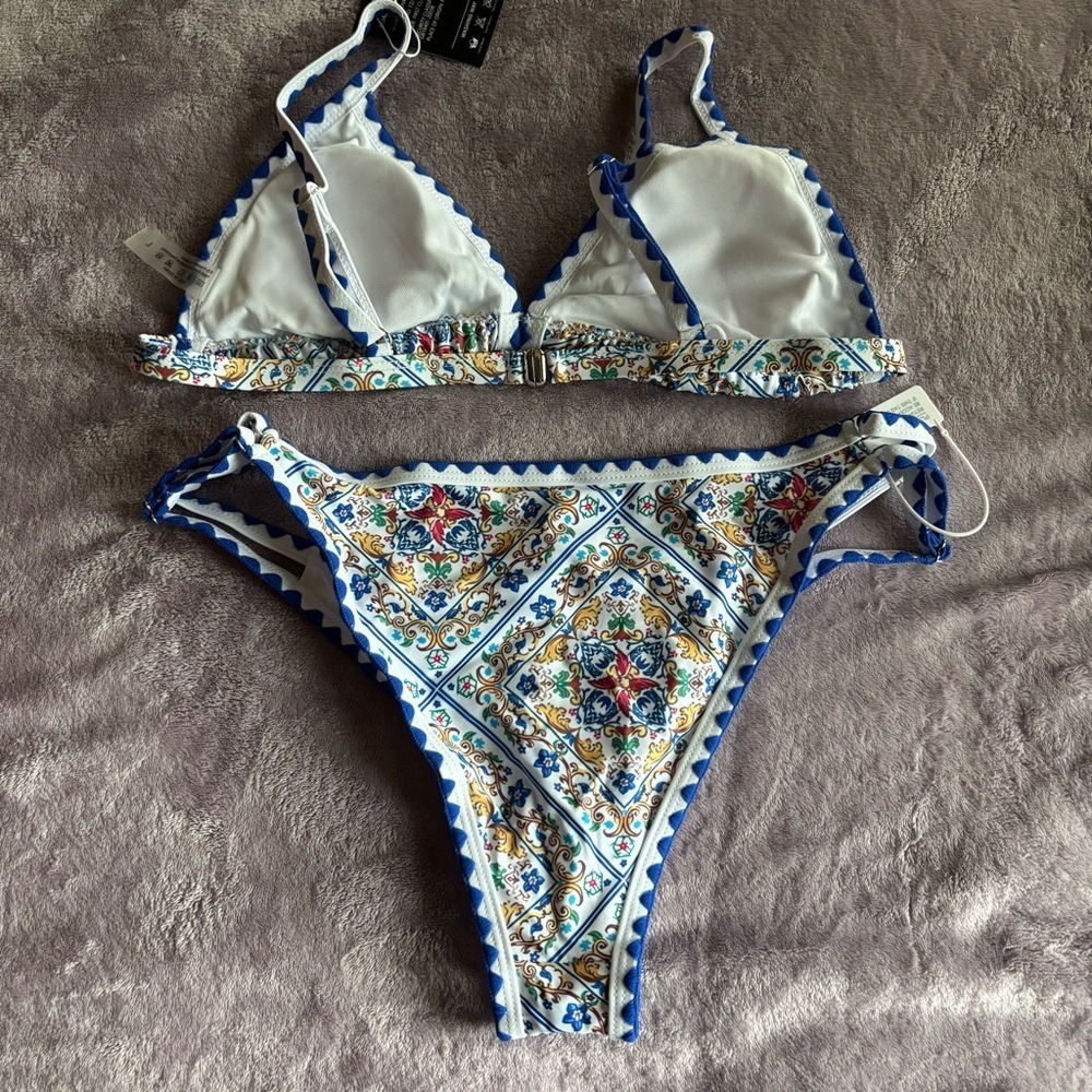 New Mediterranean Tile Print Scalloped Triangle Bikini Set Blue White Yellow L - Picture 8 of 11